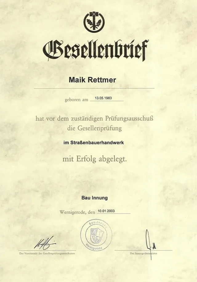 Gesellenbrief Maik Rettmer
