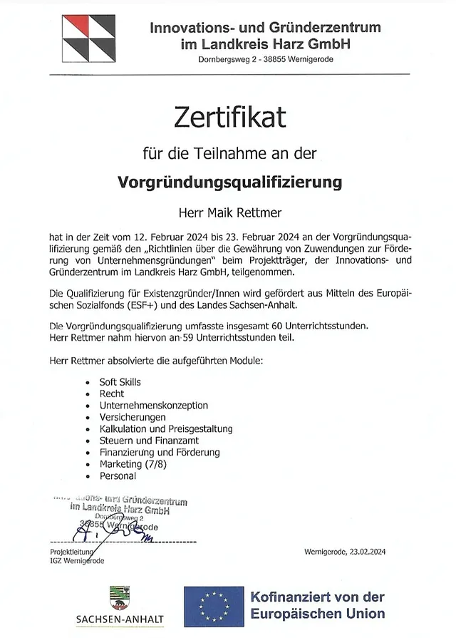 Innovations- und Gründerzentrum im Landkreis Harz GmbH Zertifikat Maik Rettmer