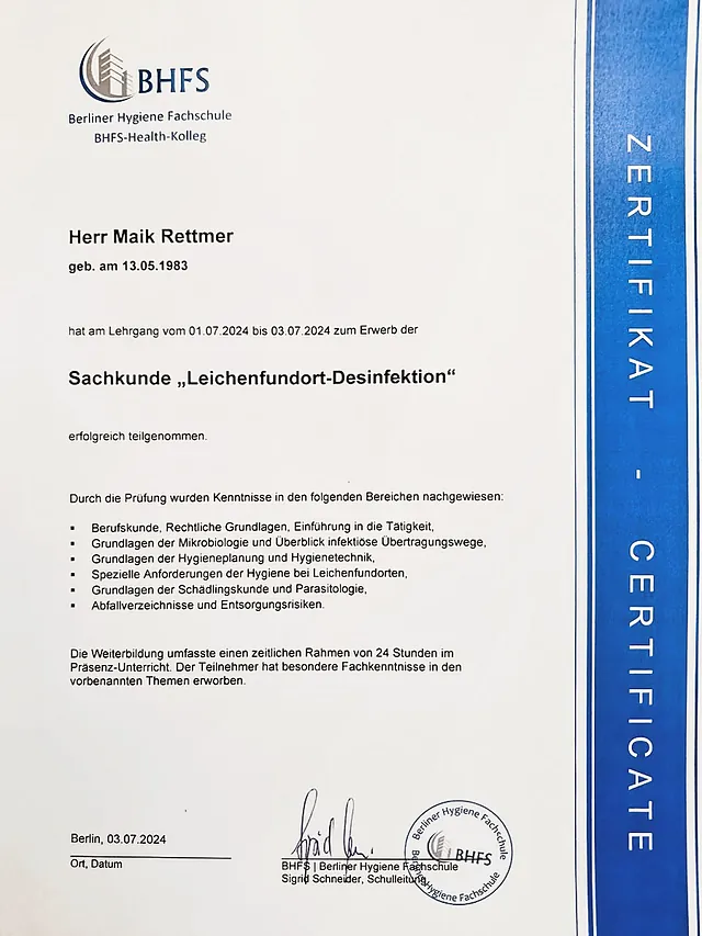 BHFS Zertifikat Sachkunde "Leichenfundort-Desinfektion" Maik Rettmer