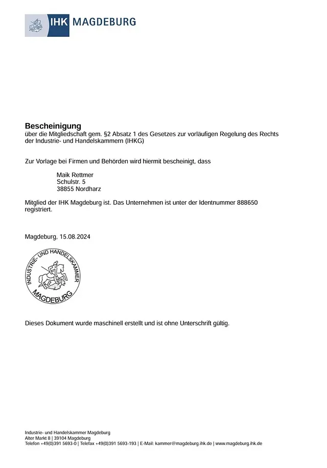 IHK Magdeburg Bescheinigung Maik Rettmer